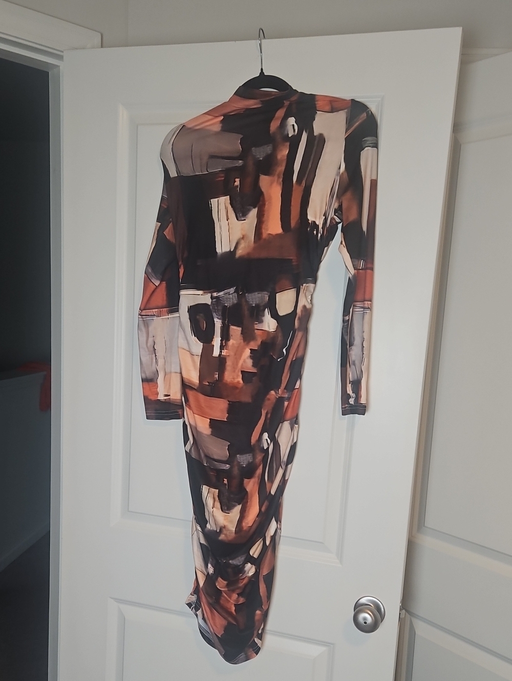 SHEIN Abstract Brushstroke Long Sleeve Bodycon Dress - Brown/Black/Cream
